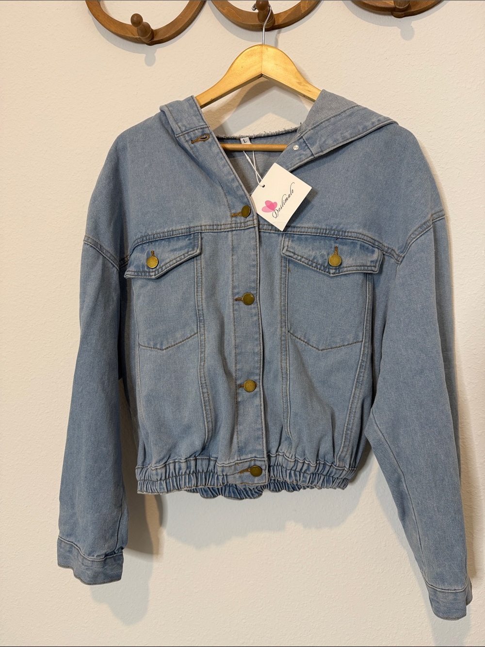 Light Wash Hooded Denim Oversized Jacket Deslimale with Elastic Hem NWT